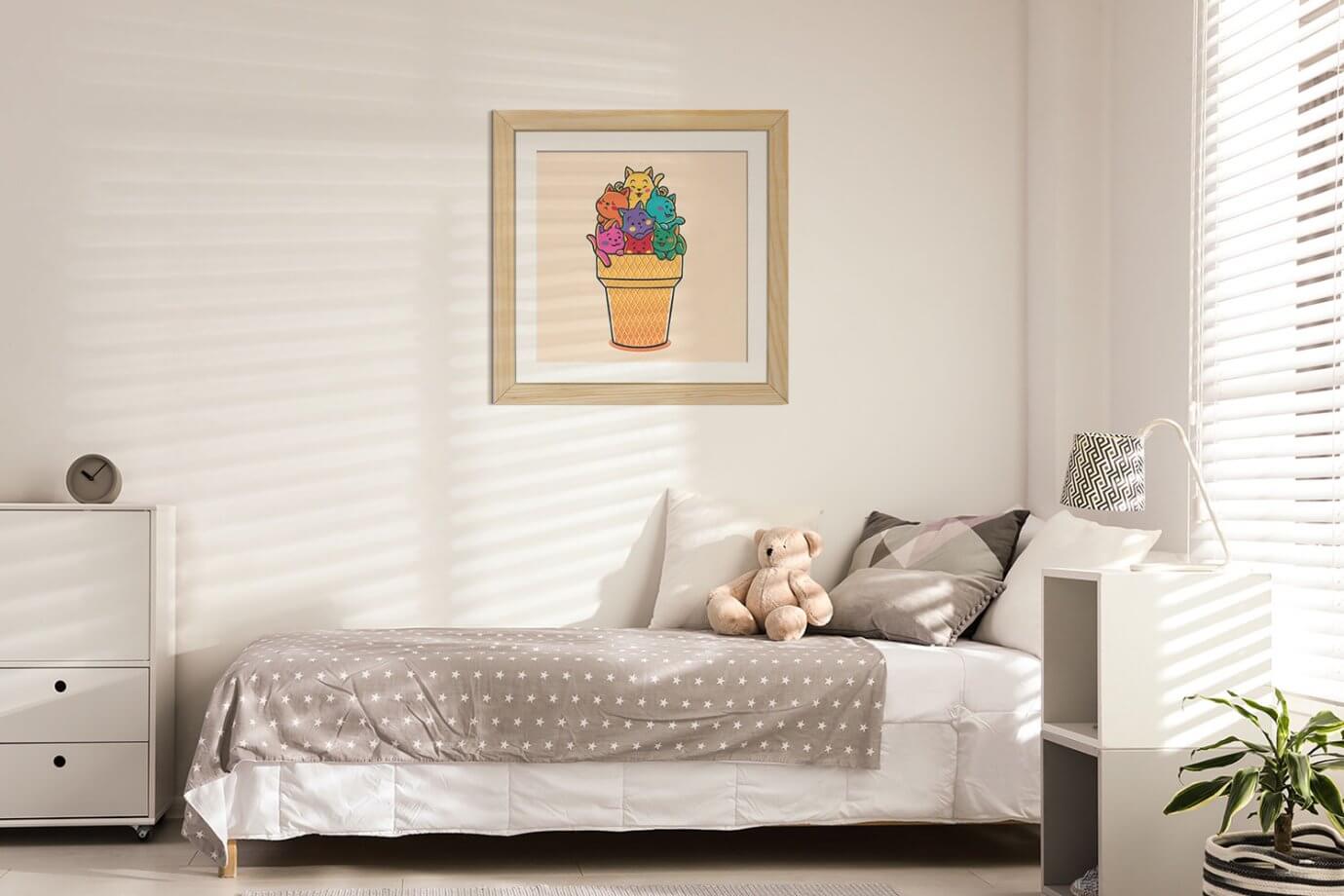 rainbow cats ice cream art above bed