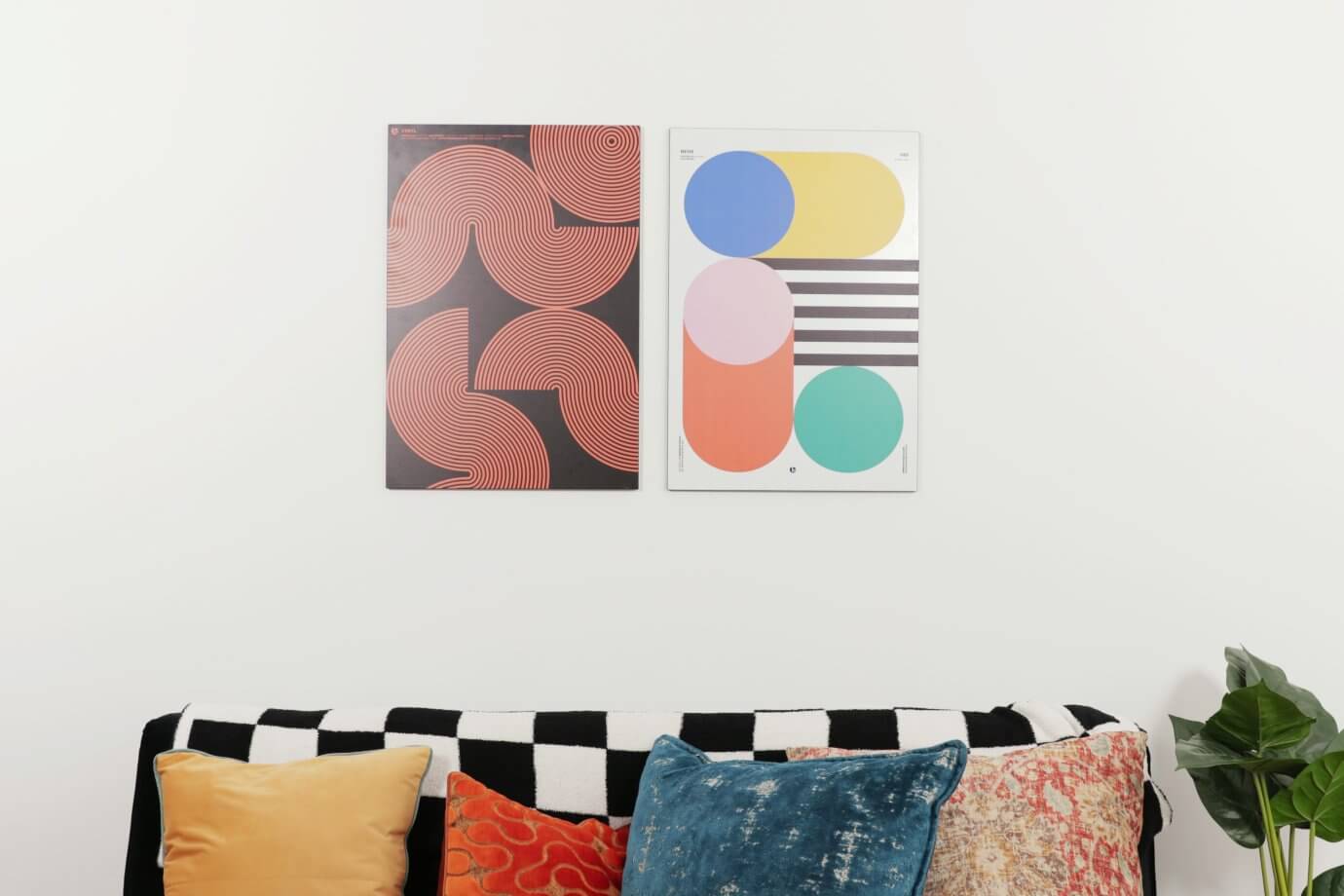 geometric wall art above couch