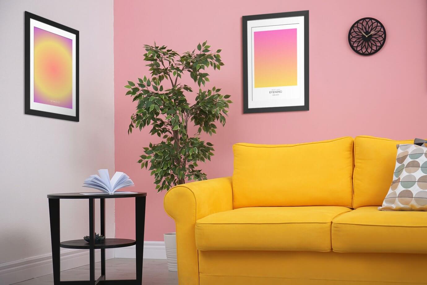 pink and yellow artwork hanging in living room